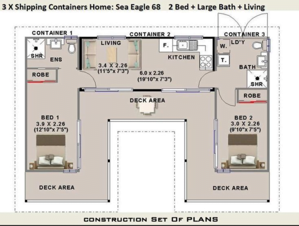 Layout for a 2-bedroom container bungalow by TC Construction